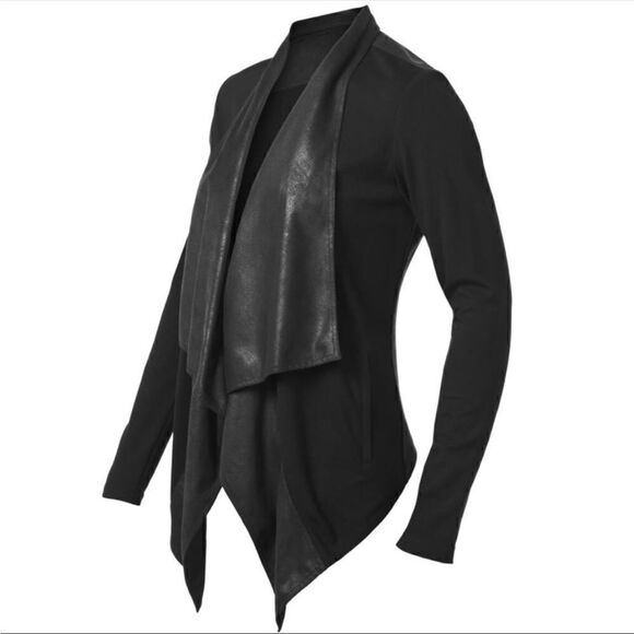 CABI Owens Faux Leather Waterfall Draped Open Front Black Jacket Size Medium - Picture 2 of 10